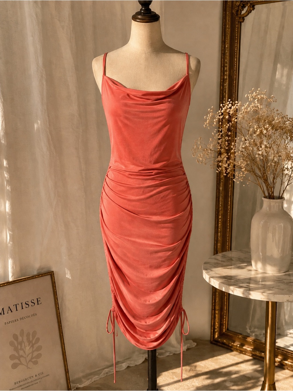 Open Edit Ruched Cowl Neck Midi Dress Coral Pink Bodycon Slip Dress M